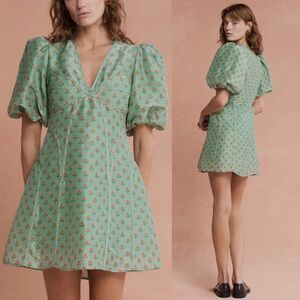 LOVAAN NWT Adeline Mini Puff Sleeve Linen Silk Dress in Green Rosette Size 10